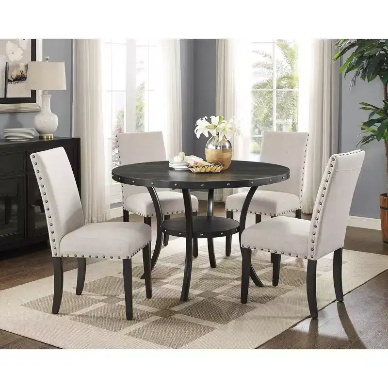 Roundhill Furniture Biony Espresso Wood Dining Set with Fabric Nailhead Chairs