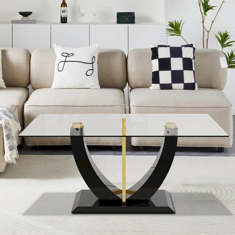 Modern Stylish Rectangular Coffee Table with Glass Top and Wooden Base