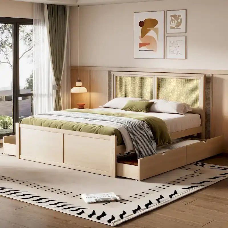 Antique Natural Wood Platform Bed with 4 Storage Drawers Rattan Headboard