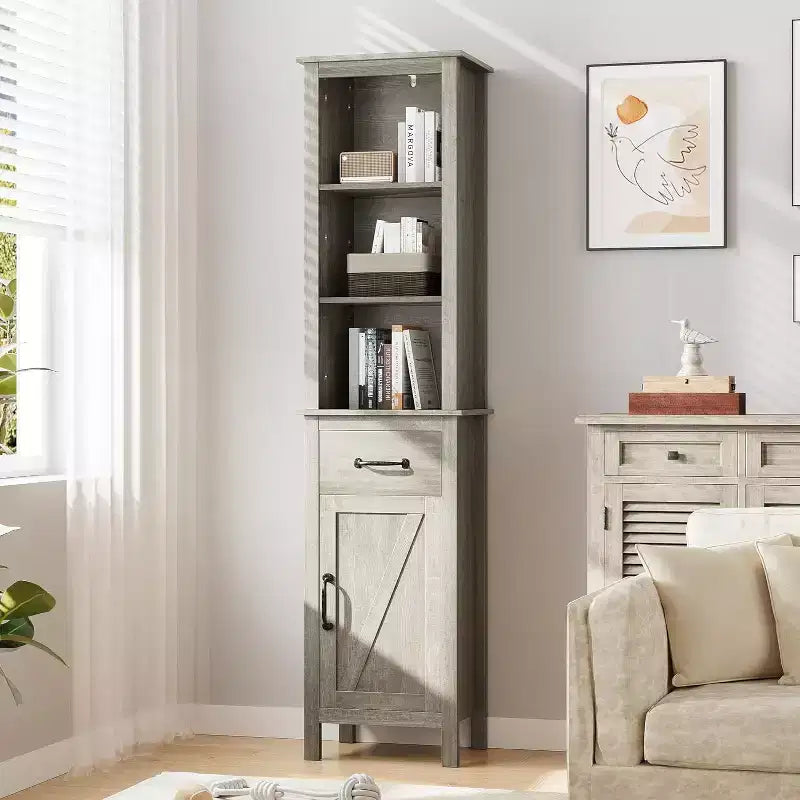 Tall Narrow Storage Cabinet with Door and Drawer �C Grey