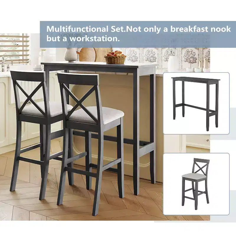 3 Pieces Wood Bar Height Dining Table Set, Farmhouse Rectangle Kitchen Breakfast Nook with 2 Chairs for Small Places