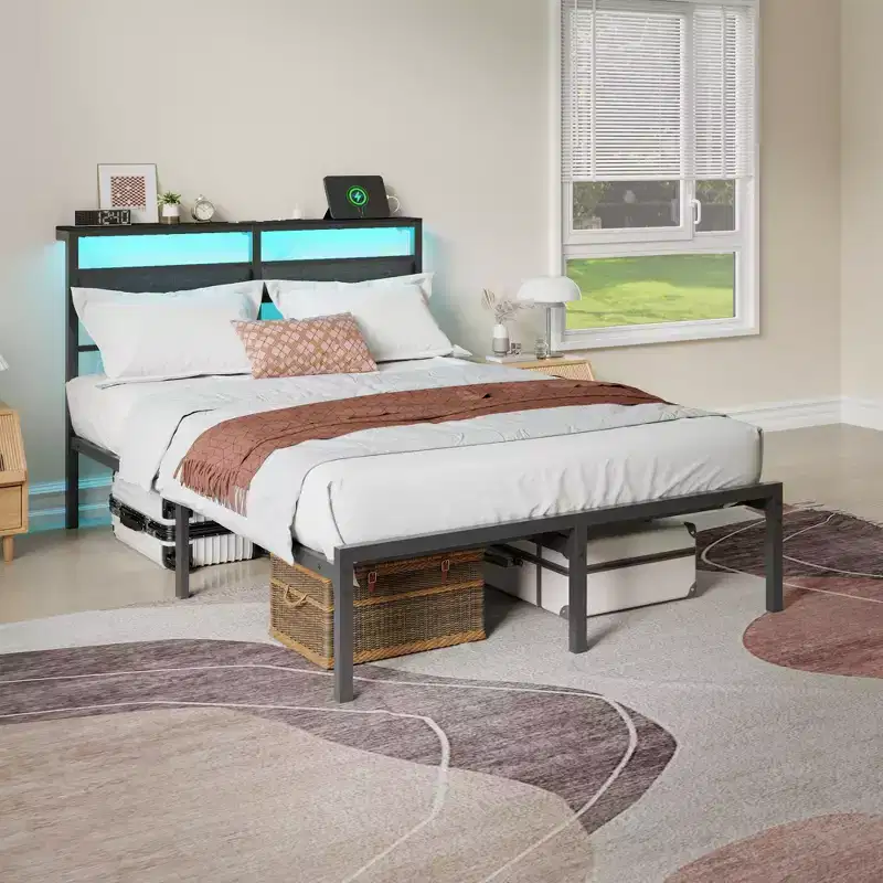 Full Size Modern Metal Platform Bed Frame with Storage Headboard RGB LED Lights Charging Station USB Ports No Box Spring Needed Noise Free Black Bed
