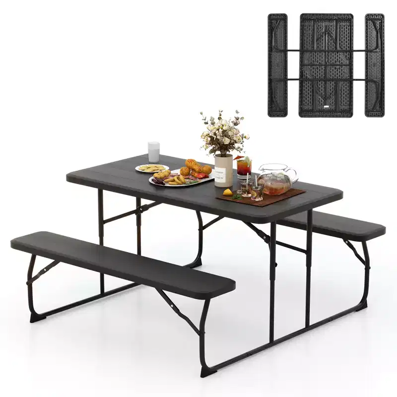 Gymax Folding Picnic Table and Bench Set w/ Wood Grain for Adults Indoor & Outdoor Steel Frame Collapsible Camping Table Black/White/Grey