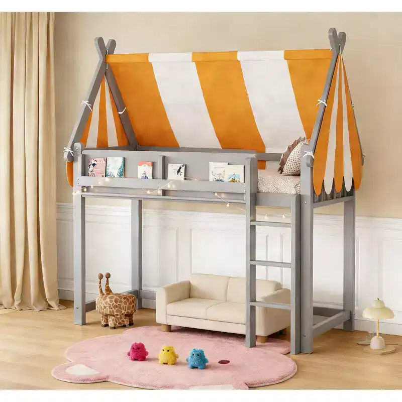Bellemave Loft Bed with LED Light & Bookshelf, House-style Bed Frame with Yellow & White Stripe Tent.