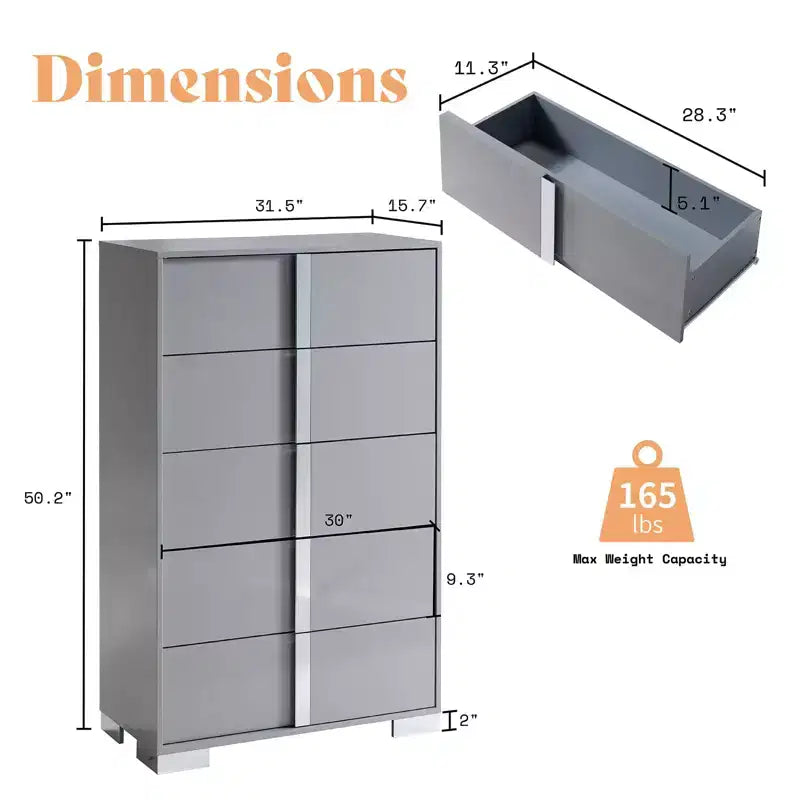 50.2 H 5-Drawer Dresser with Glossy Surface and Chrome Handles