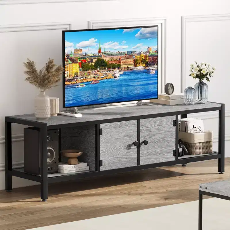 65" Rustic TV Stand for TVs up to 75" �C 2 Doors, Open Shelves & Adjustable Legs