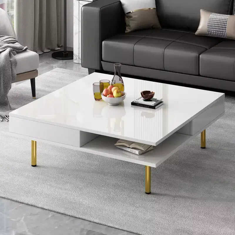 Square Coffee Table for Living Room, High Gloss Modern Center Table, White
