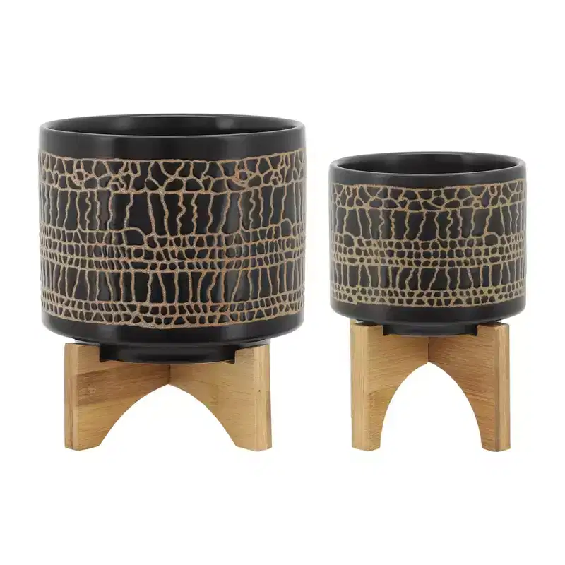Okak Vintage Glazed Ceramic Pot Set of 2, Indoor Plant Pots with Wooden Stand, Succulent Pots for Windowsill and Tabletop Decoration, Black
