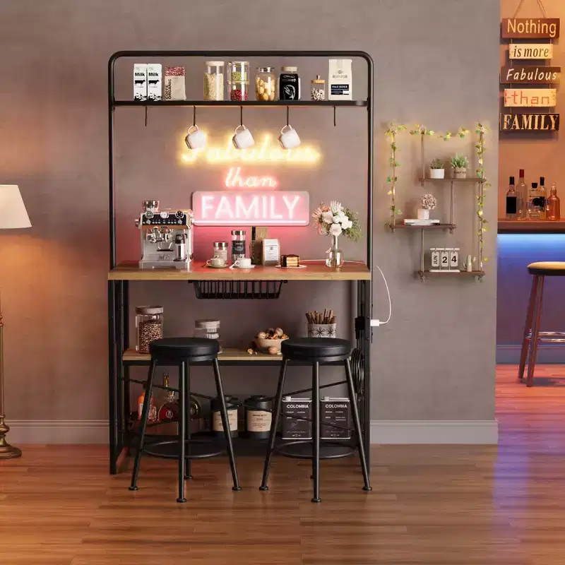 Kitchen Island with Power Outlet & 2 Bar Stools, Industrial Bakers Rack with 3-Tier Shelves &5 Hooks,Microwave Stand Coffee Bar Table for Dining Room