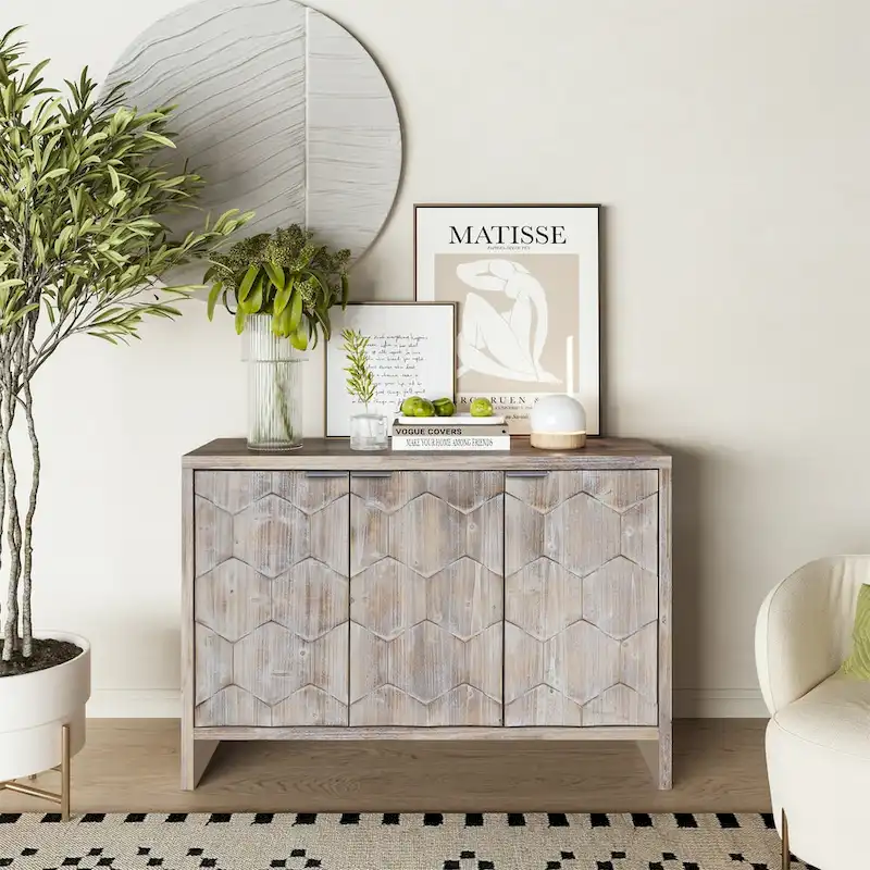 Farmhouse Style 3 Door Wooden Buffet Server Storage Cabinet