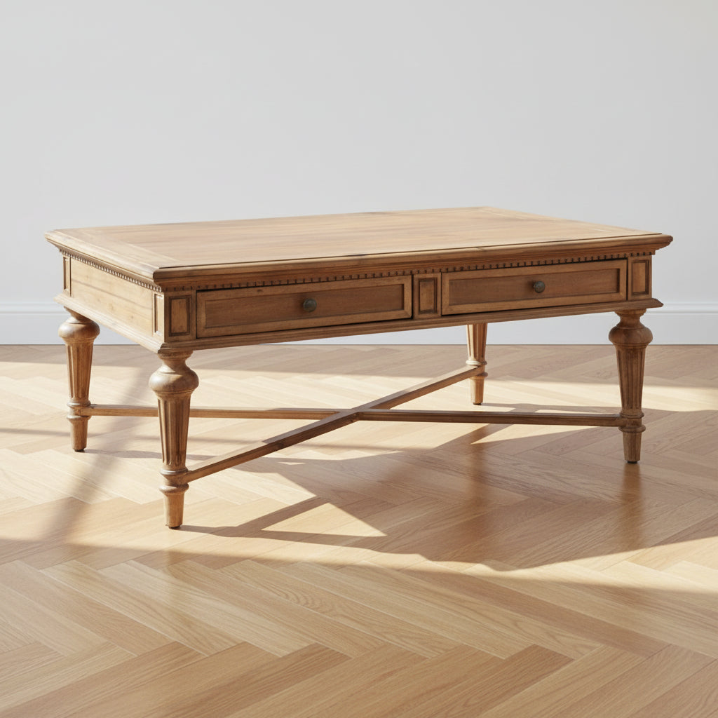 Rectangular Wood Coffee Table – Natural Finish, Traditional Style, 2-Drawer Storage, Seats 1