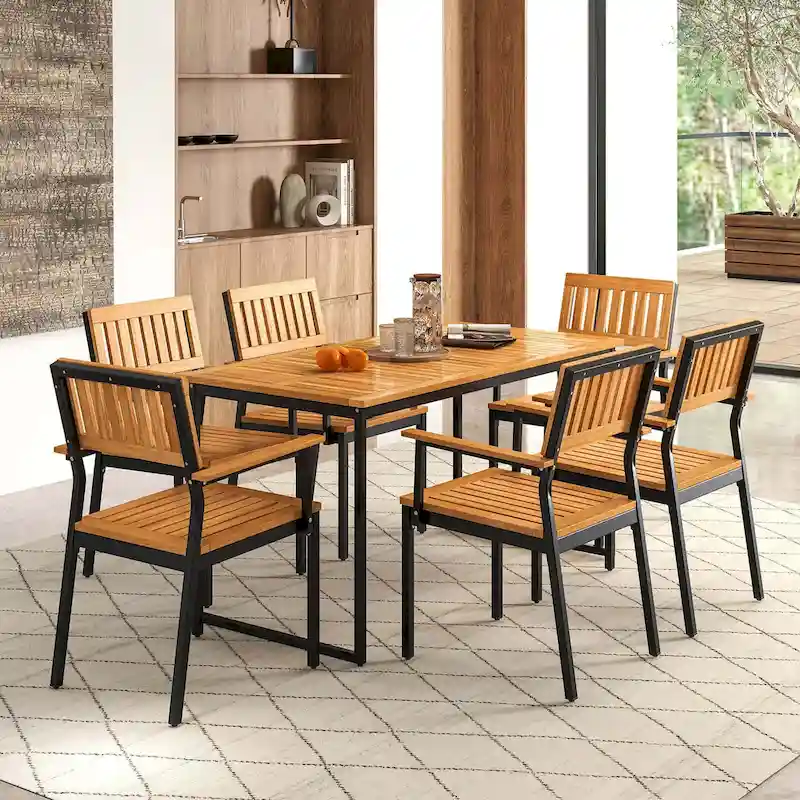 Costway 7 PCS Outdoor Dining Set for 6 with Metal Frame Umbrella Hole - 7 PCS