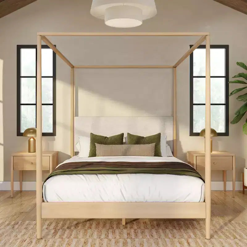 Harbor Queen Canopy Bed with Upholstered Headboard, Blonde/ Swiss Coffee (MD2411-01)