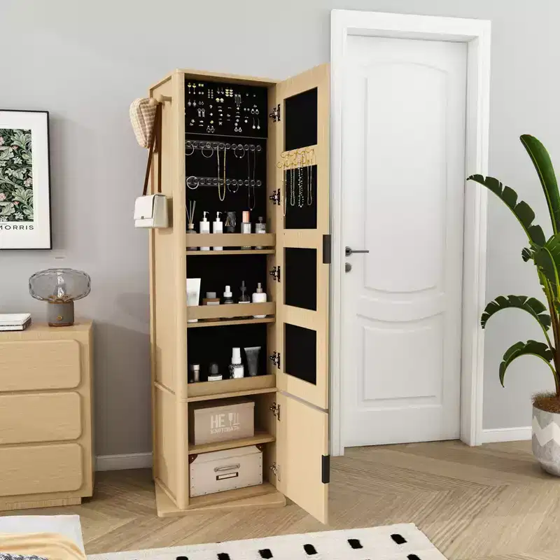 White 360 Rotating Jewelry & Makeup Cabinet with Full-Length Mirror, Hooks & Shelves – 1 Person