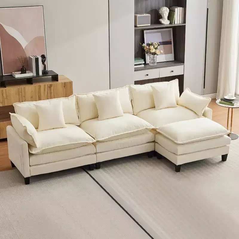 112''L-Shaped Modern Sofa Modular Combination Cloud Sofa with Ottoman 3-Seater Chenille Combo Set with 1 Footstool for Home