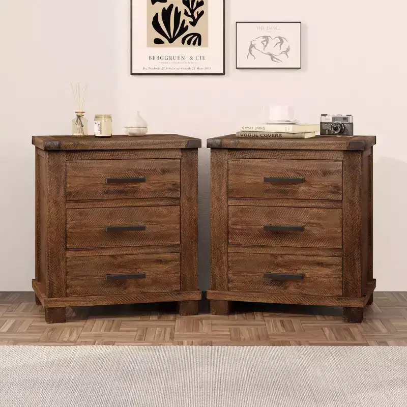Rustic Solid Wood Nightstand with 3-Drawer (Set of 2)