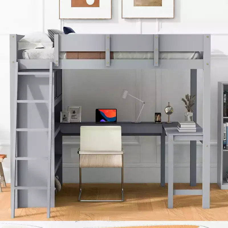 78L x 57.6W Morden Design Full Size Loft Bed with Desk and Shelf, Stable and Safety