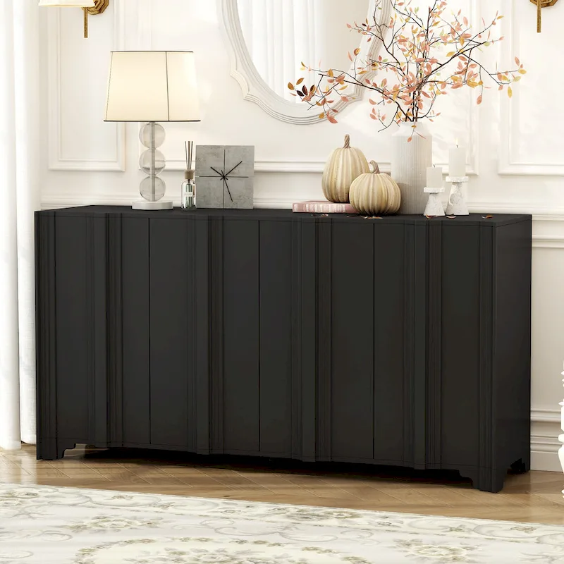 Sophisticated 4-Door Sideboard Adorned with Intricate Linear Accents and Luxurious Multi-Layered Pine Veneer Design Elements