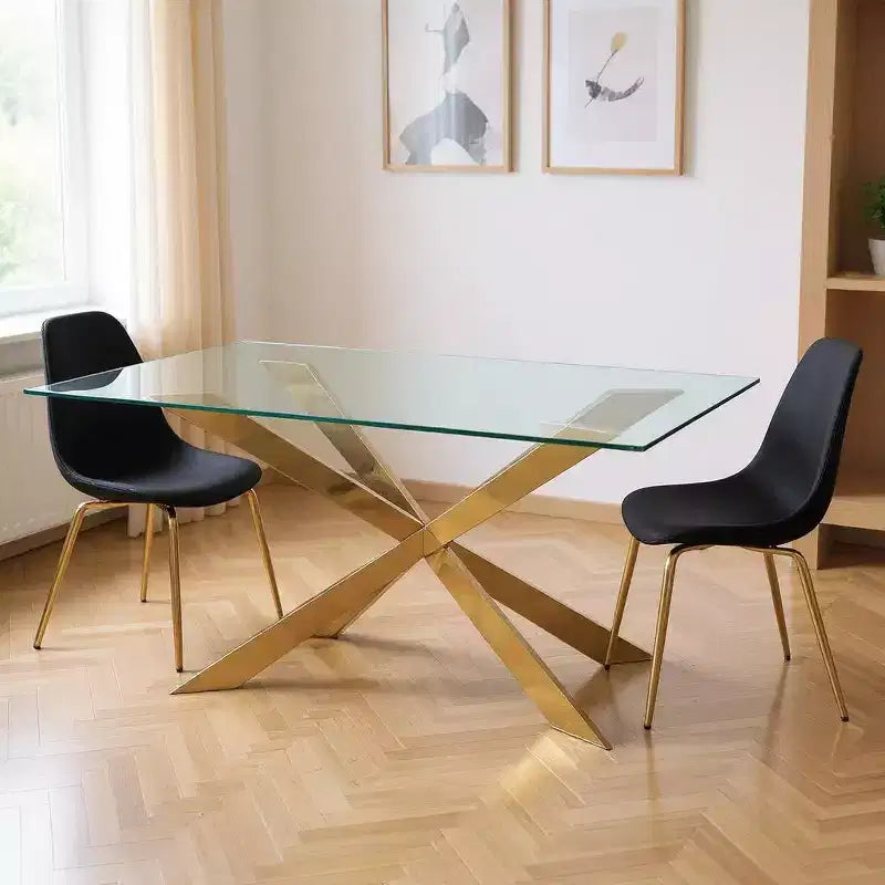 87" Clear and Gold Glass and Metal Cross Leg Dining Table