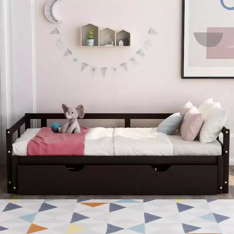 Twin to King Wooden Daybed with Trundle, Extendable Solid Wood Daybed Frame with Pull-Out Trundle