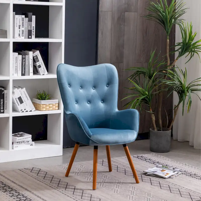 Blue Velvet Button Tufted Accent Chair with Solid Wood Legs