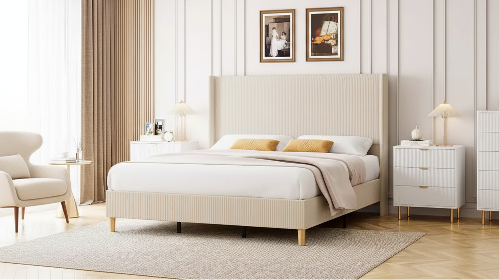 King Size Bed Frame,Upholstered Platform Corduroy Bed Frame with Vertical Channel Tufted Wingback Headboard, Strong Wooden Slats, No Box Spring Needed