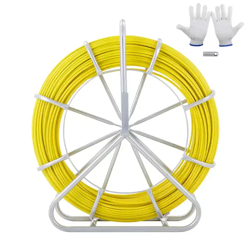 VEVOR Fish Tape Fiberglass, 600 ft, 5/16 in, Duct Rodder Fishtape Wire Puller, Cable Running Rod with Steel Reel Stand, 3 Pulling Heads, Yellow