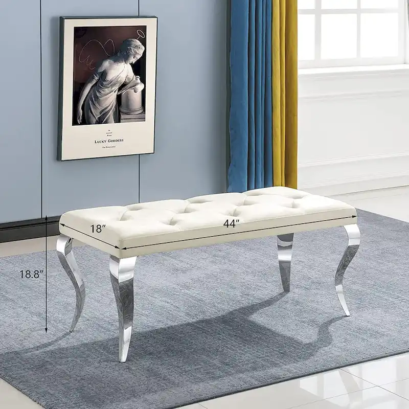 Velvet Button Tufted Upholstered Dining Bench with Polished Metal Legs