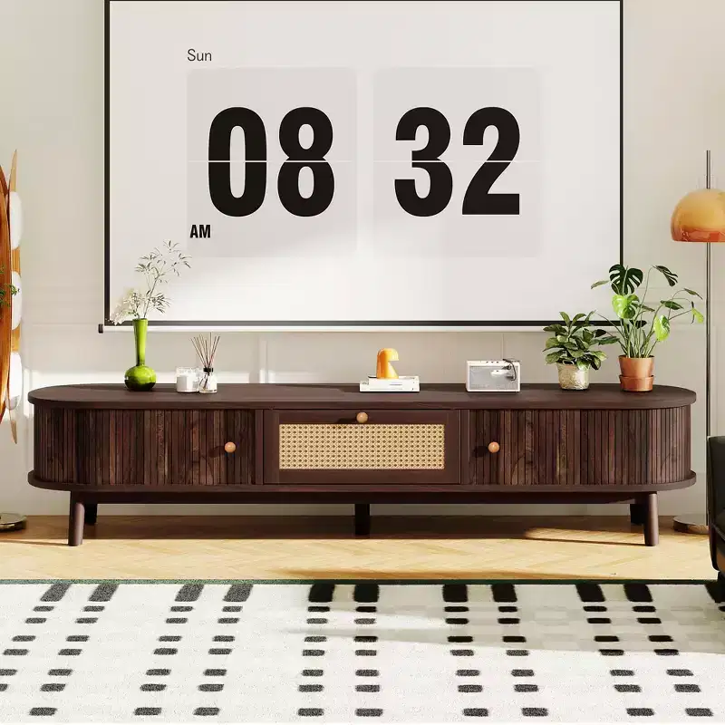 Modern TV Cabinet for 75-Inch, Media Console with Rattan Drawer Front, 1 Drawer, 2 Sliding Door Cabinets, for Living Room