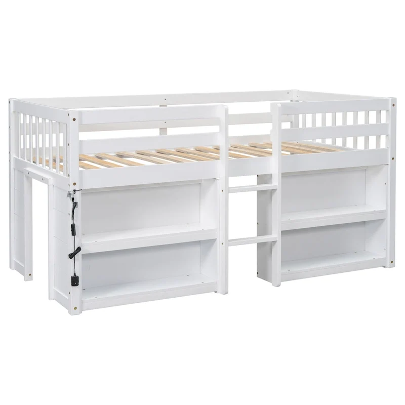 White Twin Size Wood Low Loft Bed with Two-Tier Shelves and LED Light