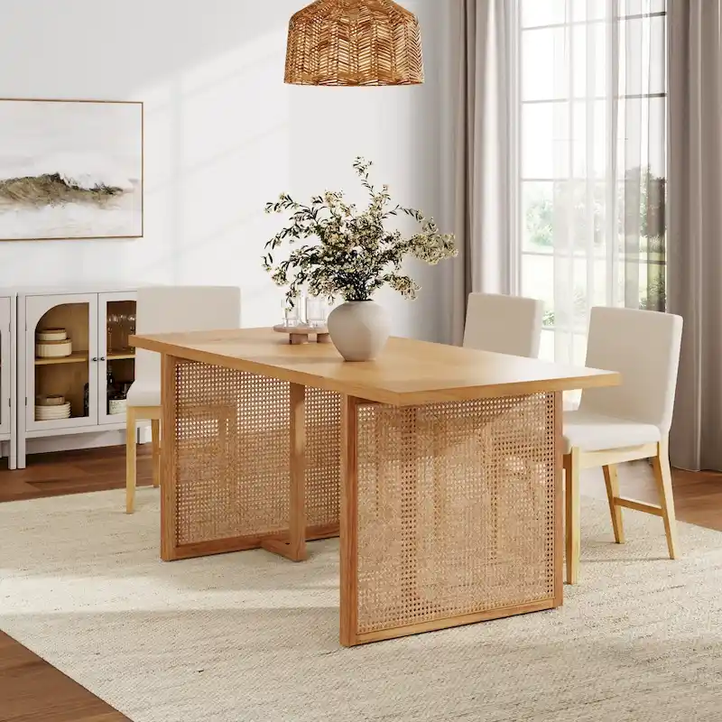 Boho Dining Table for 6 with Solid Wood Legs, Dining Table with Bohemian Rattan Accent
