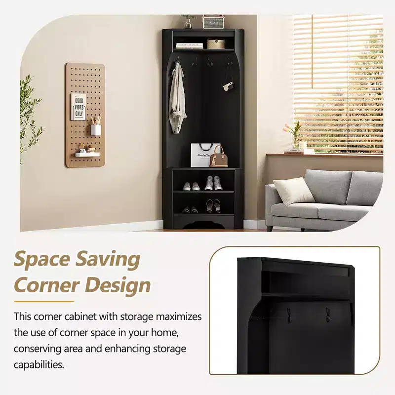 Whisen Minimalist Corner Hall Tree with 4 Hooks and Adjustable Shelf