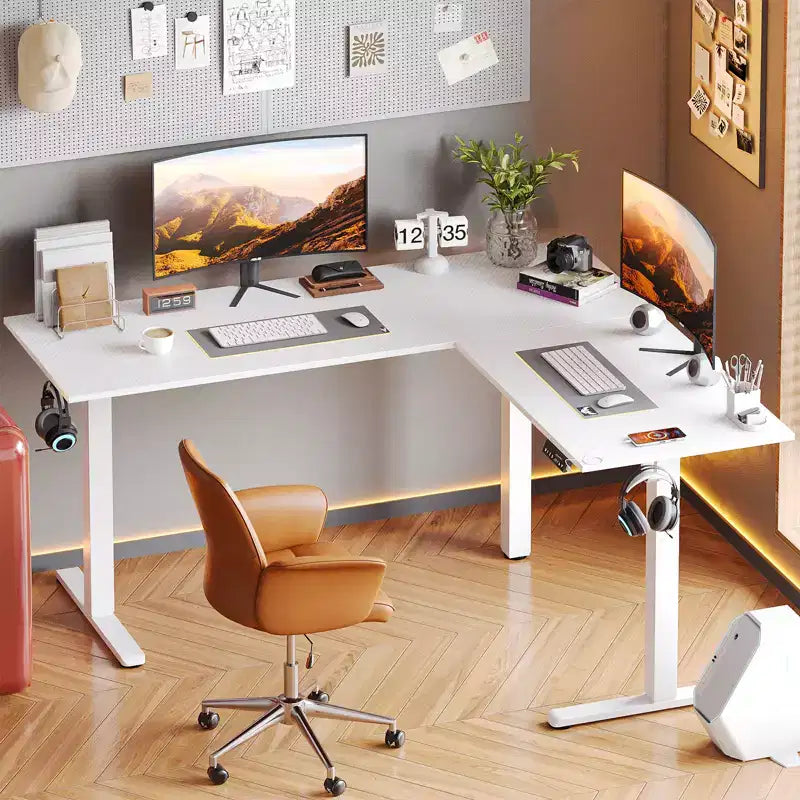 63 L-Shaped Electric Standing Desk with Charging Station, Hooks & Height Adjustment for Home Office