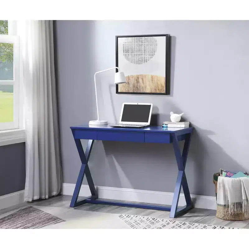TUYOHW 42.5 Blue Writing Desk,Home Office Desk with 1 Drawer,X-Shaped Wooden Base,Spacious Work Surface,Modern Console Desk for Home Office,Entryway
