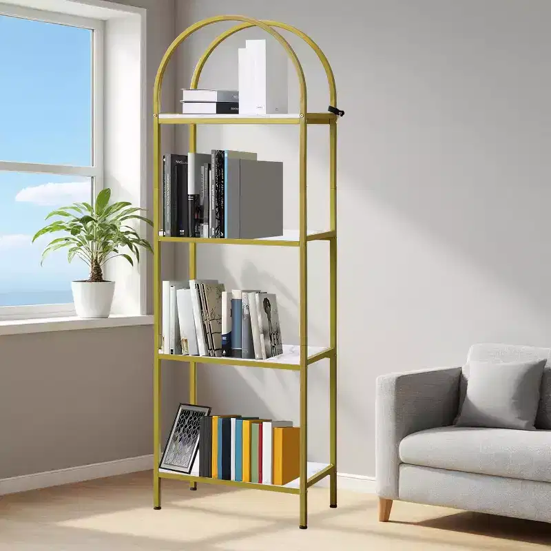 4-Tier Arched Bookshelf - 63" Tall Wood & Metal Display Rack for Bedroom & Living Room