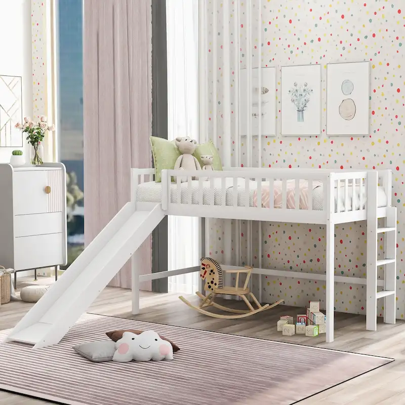 White Twin Size Wood Low Loft Bed with Removable Slide and Ladder for Kids