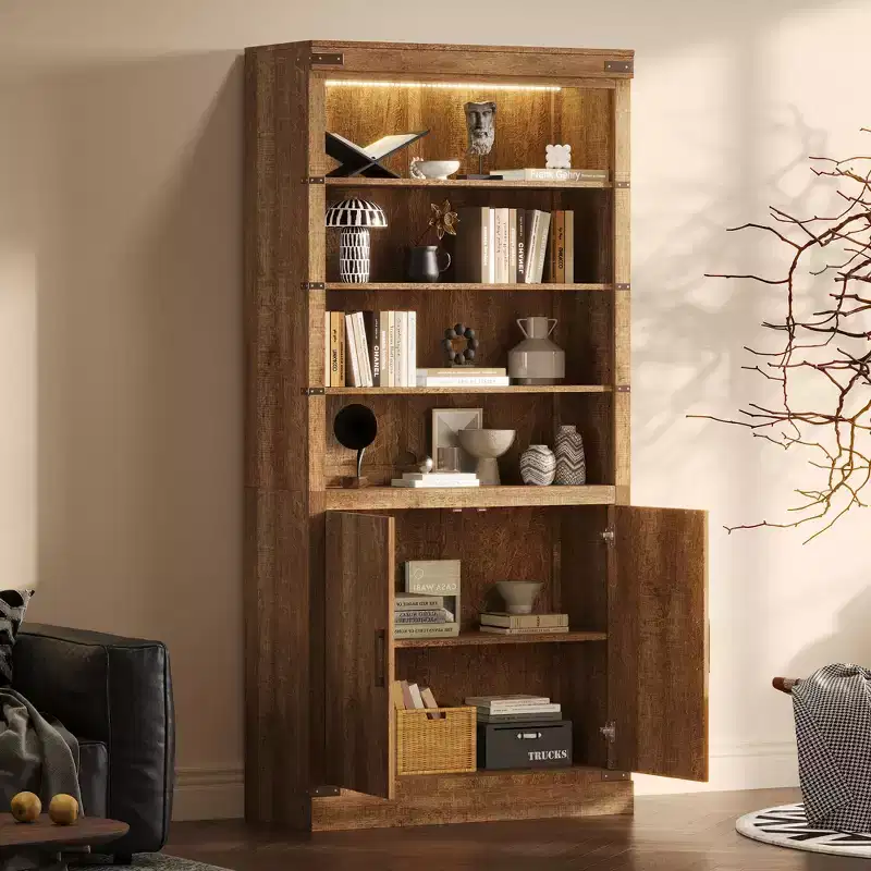 Walnut 4-Tier Bookcase with LED Light & Cabinet Doors, Retro Farmhouse Style, Single