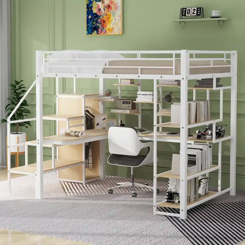 Full Size Metal Loft Bed with Storage Staircase, Wardrobe, Desk and Shelves
