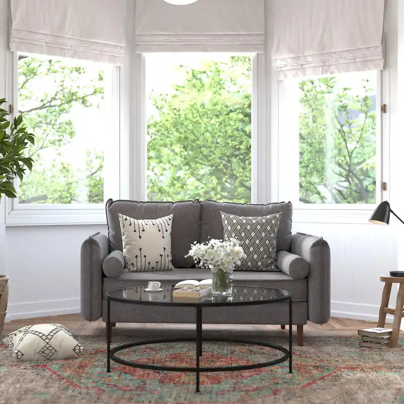 Compact Faux Linen Upholstered Loveseat with Wooden Legs