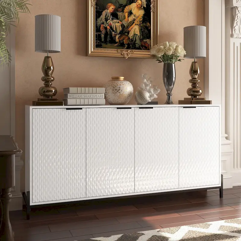 High Gloss 4-Door Storage Sideboard with Adjustable Shelves and Metal Legs
