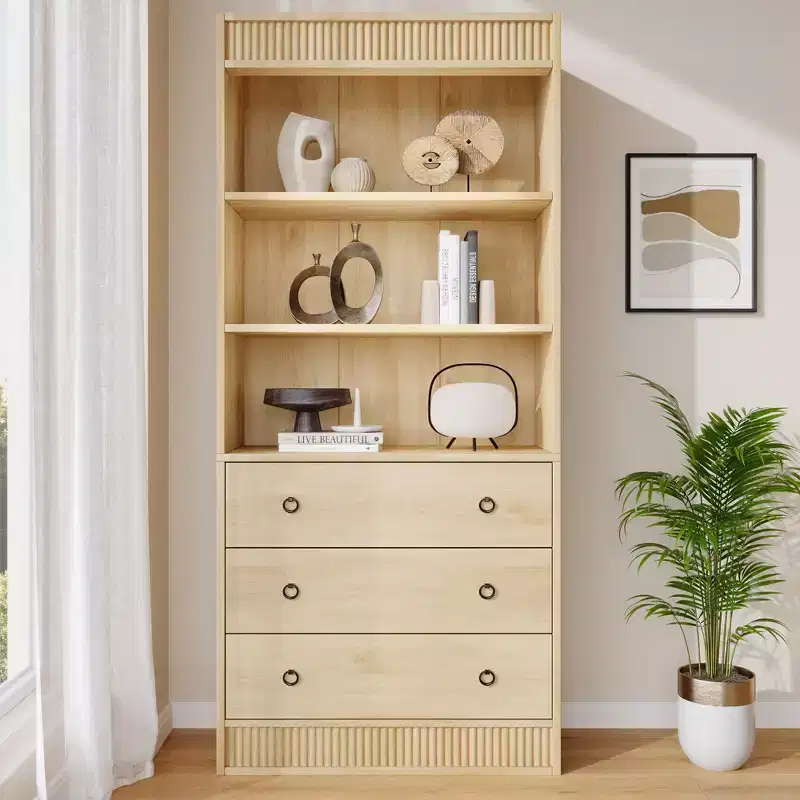 Bookshelf with Drawers 70.8 Fluted Bookcase, Light Wood Bookshelf 6 Tier Bookcase with Storage, Tall Book Shelf with Waved Design, Storage Cabinet