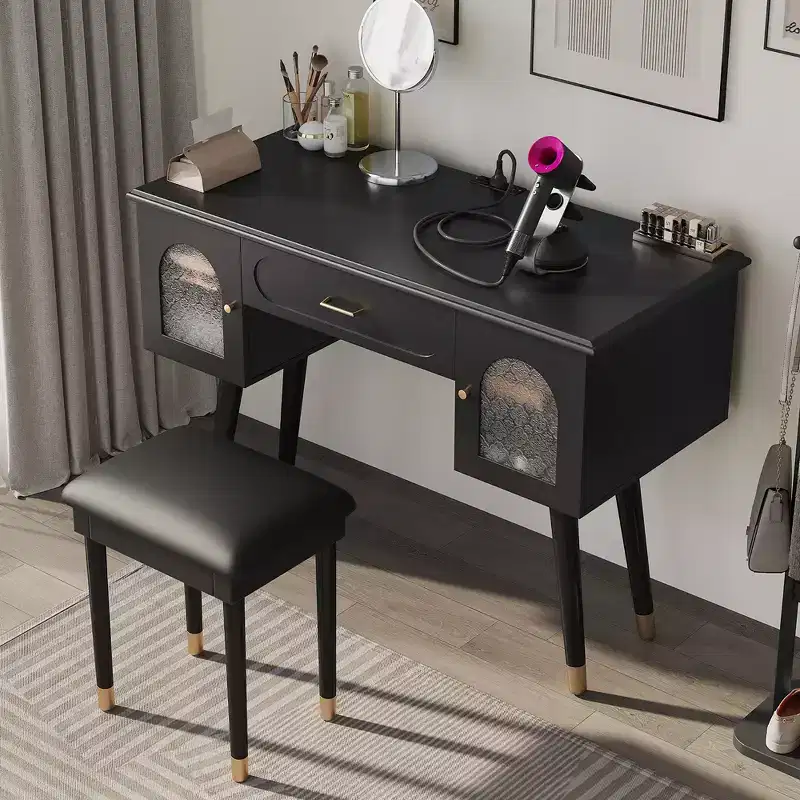 GDFStudio Terry Modern Vanity Makeup Set with Faux Leather Stool, Charging Port and Glass Door