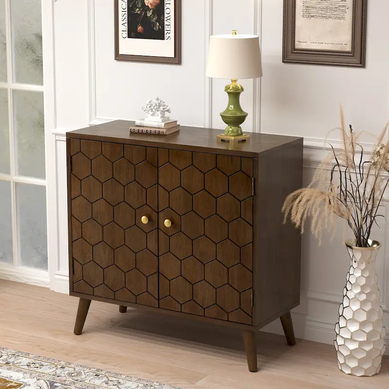 Dark Brown Farmhouse Storage Cabinet with Honeycomb Pattern