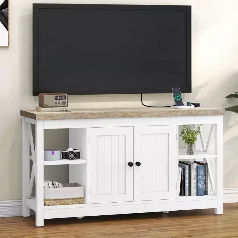 Farmhouse TV Stand for 55 Inch TV, Entertainment Center with Power Outlet & Adjustable Shelves, TV Media Console Table for Living Room