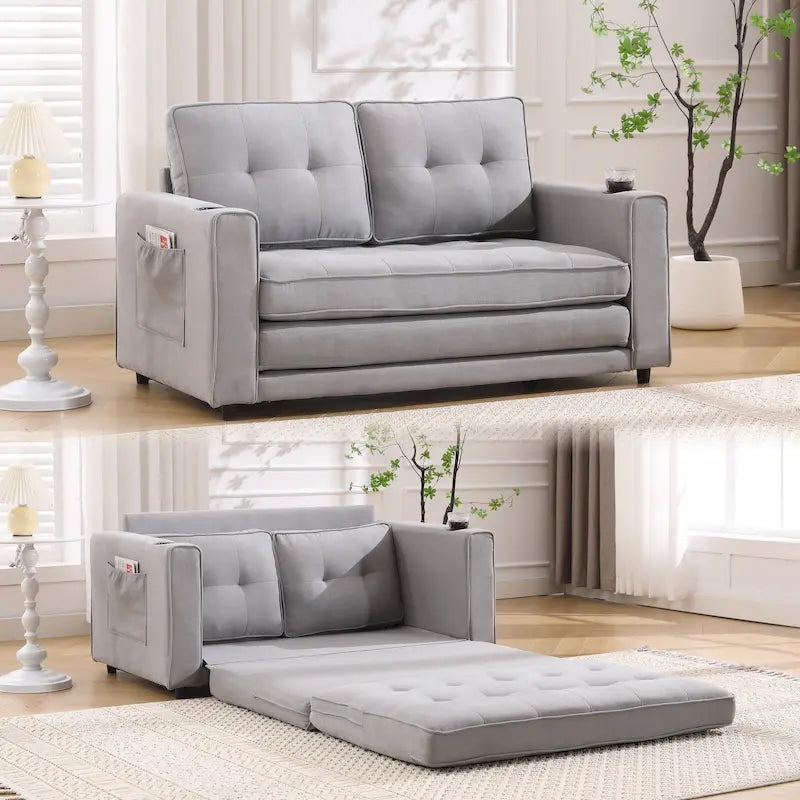Foldable Tufted Loveseat with Pull Out Bed and Side Pockets