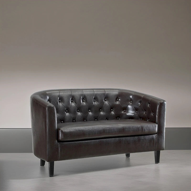Midcentury Modern Button Tufted Faux Leather Barrel Loveseat - Comfy Tub Loveseat Sofa