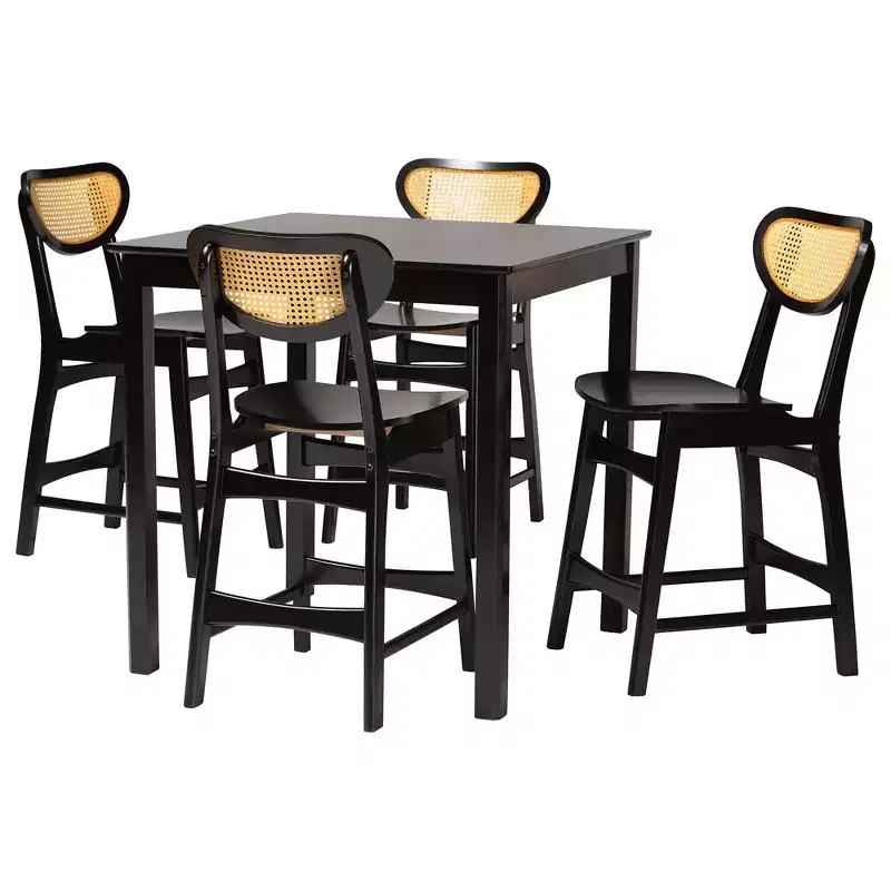 Baxton Studio Hesper Mid-Century Modern Wood and Rattan 5-Piece Pub Set