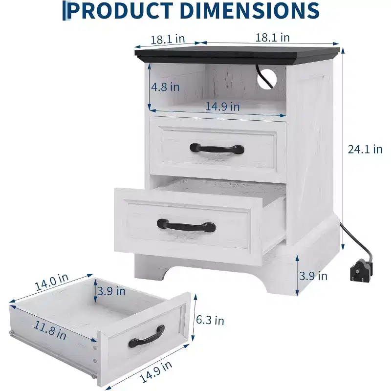 Farmhouse Nightstand Set of 2 with Charging Station - 24 Wide Rustic White End Tables with 2 Drawers for Bedroom