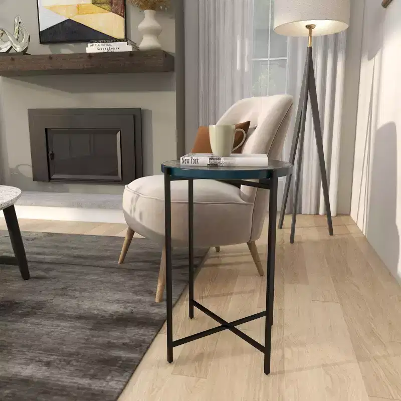 Olivia & May Metal X Shaped Accent Table with Textured Glass Tabletop Black: Contemporary Design, No Assembly Required