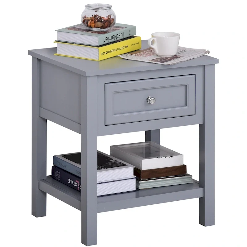 HOMCOM Accent End Table Nightstand with Grey Tabletop, Storage Drawer, and Bottom Shelf